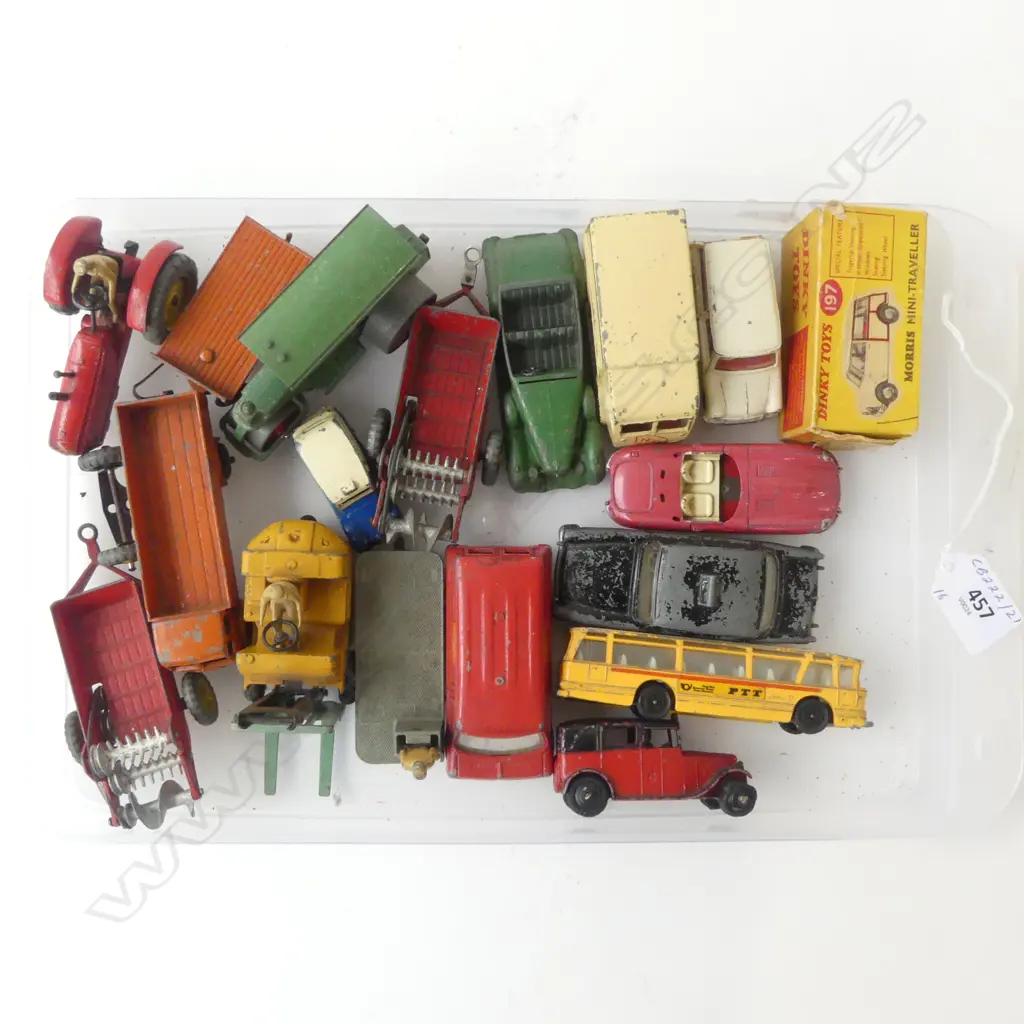 16 VINTAGE DINKY DIE CAST TOYS - CARS, BUS, TRACTOR, STEAMROLLER ETC Image 1++