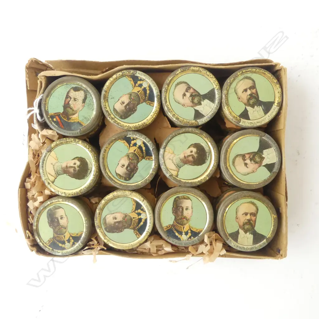36 EARLY 1900s PASTILLES TINS ENGLISH/EUROPEAN ROYALTY IN ORIGINAL BOX & PACKAGING Image 1++