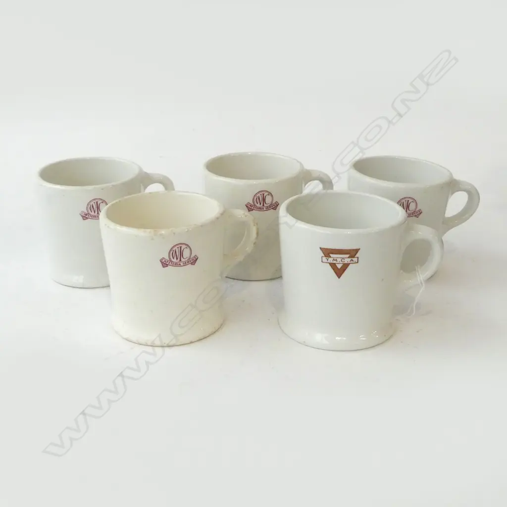 5 VINTAGE MUGS; 4xWIC CAFETERIA SERVICE, 1 YMCA H.90mm Image 1++