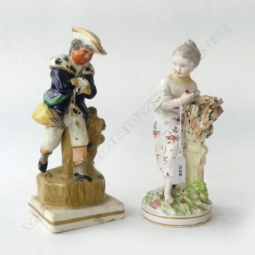 2 18thC FIGURES; PEARLWARE SKATING MAN H.230mm, BOW PORCELAIN WOMAN (old repairs) Image 1++