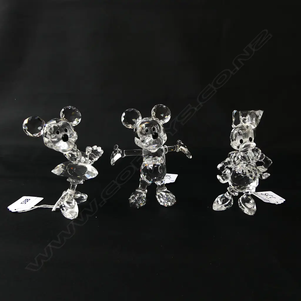 TRIO DISNEY THEMED SWAROVSKI ORNAMENTS, MICKEY MINNIE & DAISY H.100mm Daisy needs repair Image 1++