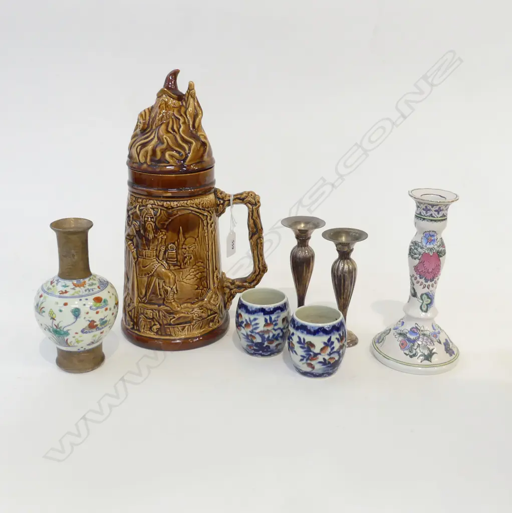 7 PCES; LG LIDDED TANKARD H.360mm, PR CUPS, PR EP CANDLESTICKS + ANTHER & DOUCAI VASE Image 1++