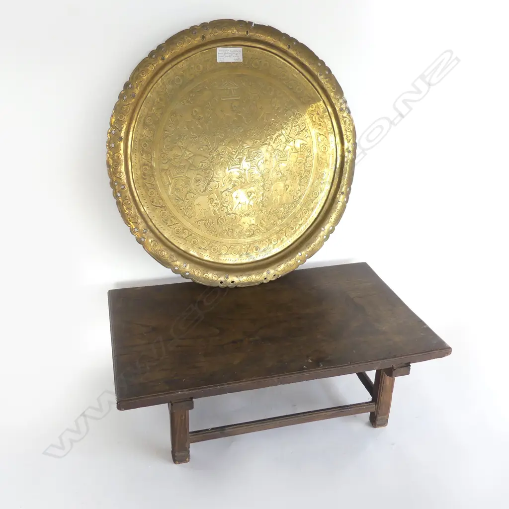 ELMWOOD JAPANESE PRAYER TABLE LATE 19THC 520X350X160mm & CIRCULAR BRASS TRAY WITH HUNTING SCENE ELEPHANTS ETC DIA 490mm Image 1++