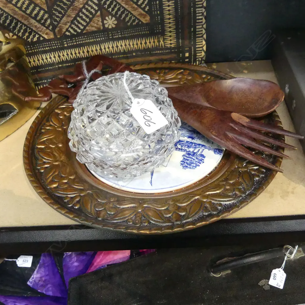 3 items: DUTCH DELFT copper framed WALL PLAQUE + CRYSTAL LIDDED BOWL + PR tropical hardwood SALAD SERVERS Image 1++
