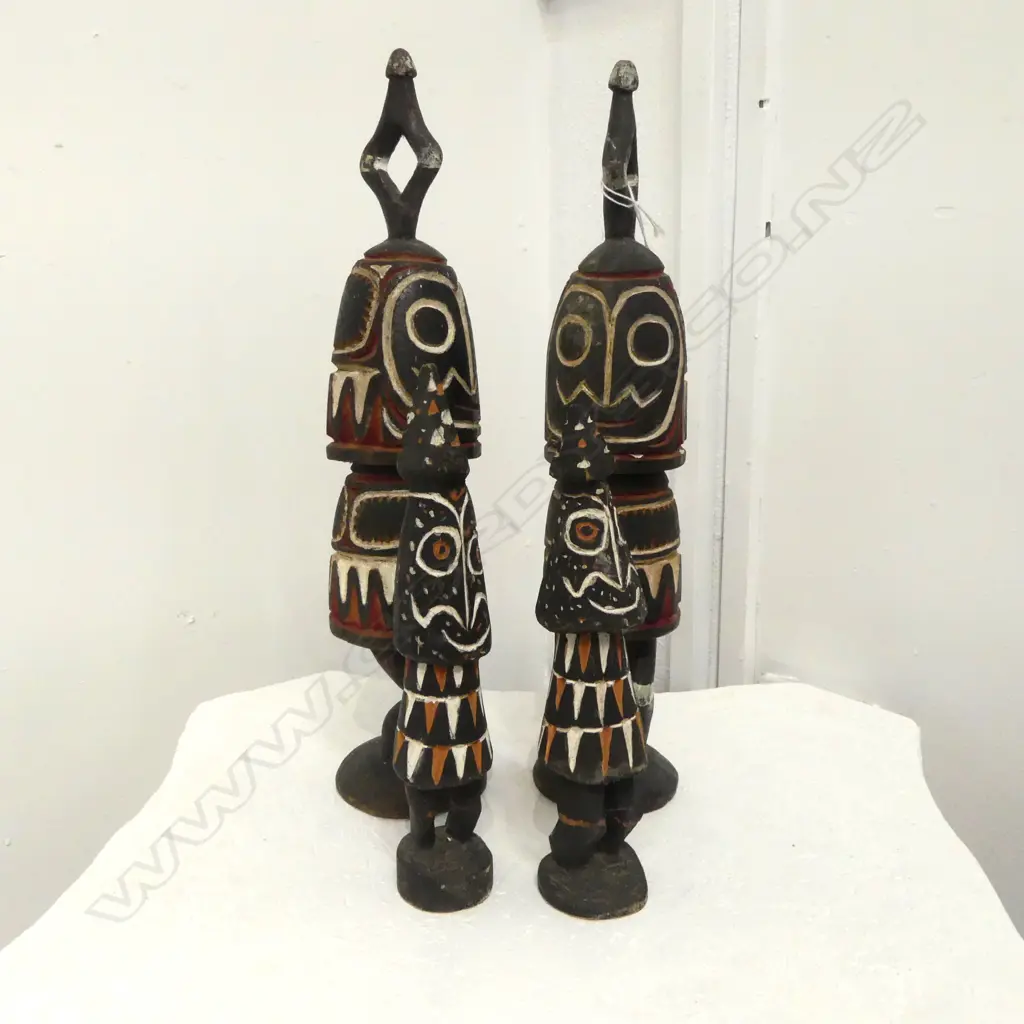 2 PRS CARVED WOODEN TRIBAL ABSTRACT FIGURES H.385, 240mm Image 1++