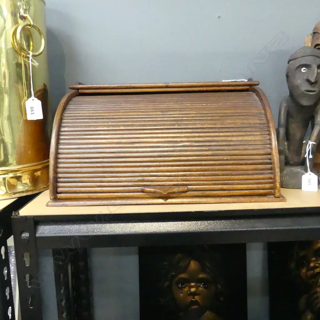 VINTAGE WOODEN CABINET w. TAMBOUR ROLL TOP W.365mm Image 1++