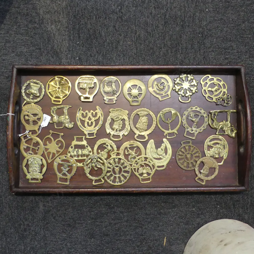 WOOD GALLERY TRAY L660MM & COLLECTION OF 30 VINTAGE HORSE BRASSES Image 1++