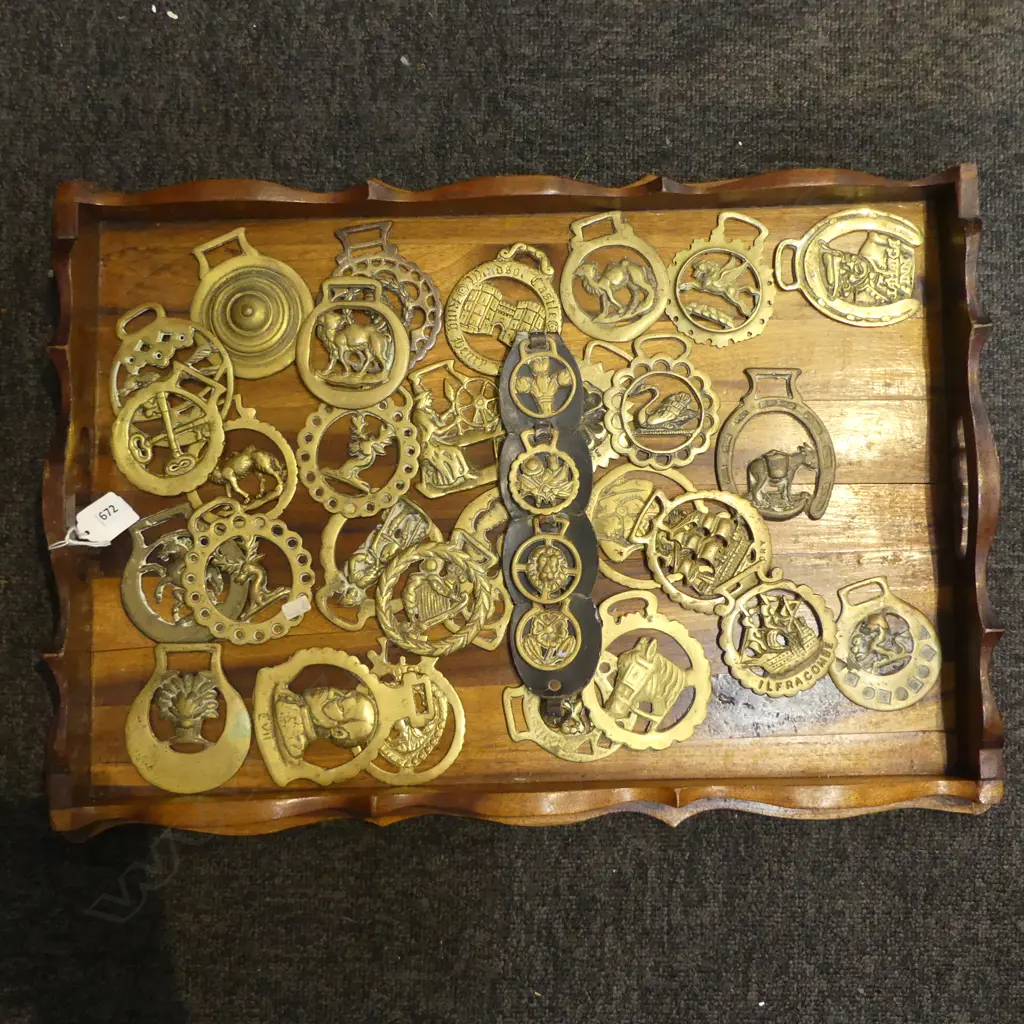 HARDWOOD GALLERY TRAY L550MM & WITH COLLECTION OF 30 VINTAGE HORSE BRASSES Image 1++