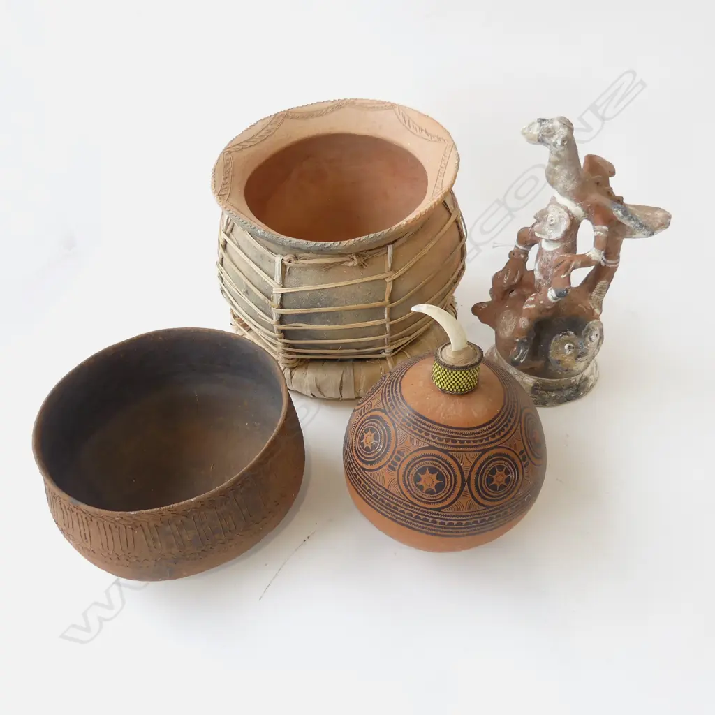 3 TRIBAL POTTERY PCES; 2 BOWLS 250mm dia, FIGURINE + GOURD Image 1++