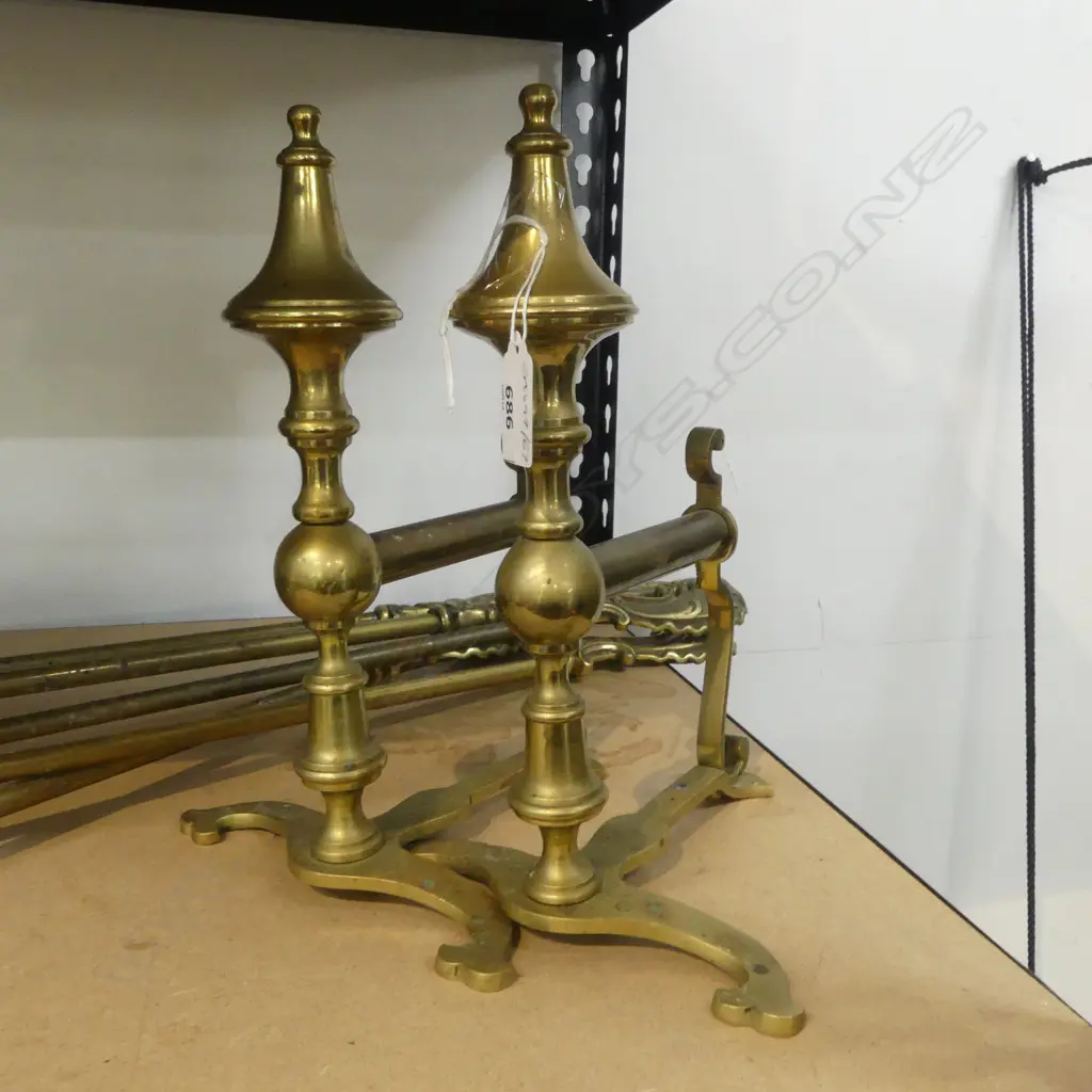 Six piece brass fire tidy set incl pair of dogs and implements Image 1++