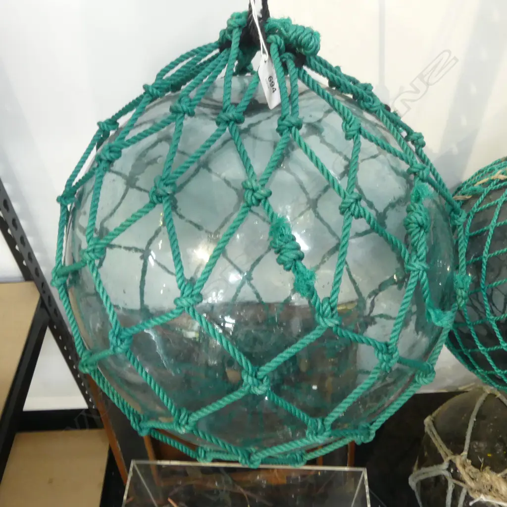 OLD GLASS FISHING FLOAT w. NETTING APPROX DIA.300mm hand blown Image 1++