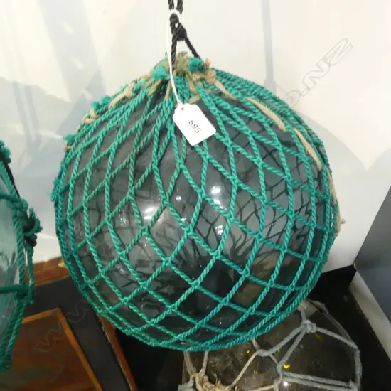 OLD GLASS FISHING FLOAT w. NETTING APPROX DIA.260mm hand blown