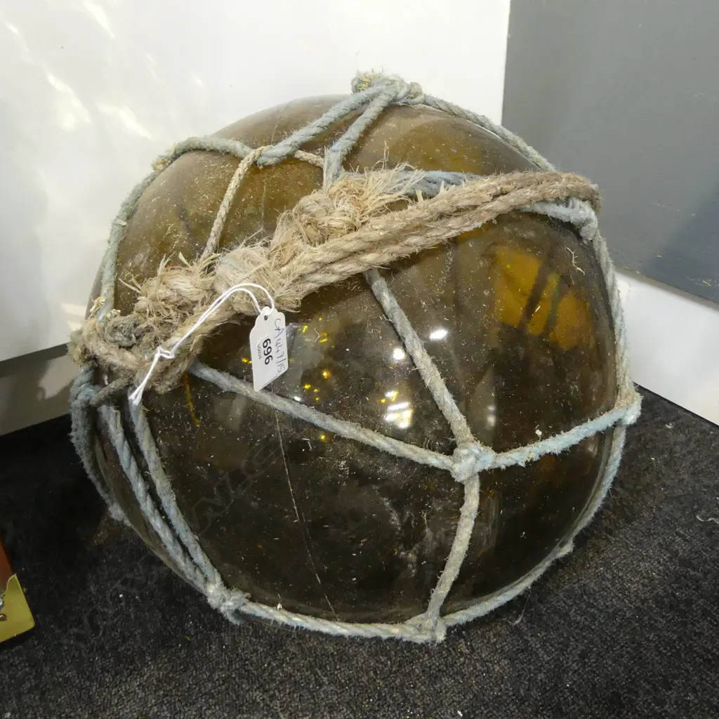OLD GLASS FISHING FLOAT w. NETTING APPROX DIA.340mm hand blown Image 1++