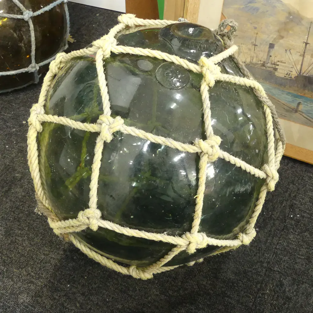OLD GLASS FISHING FLOAT w. NETTING APPROX DIA.350mm hand blown Image 1++