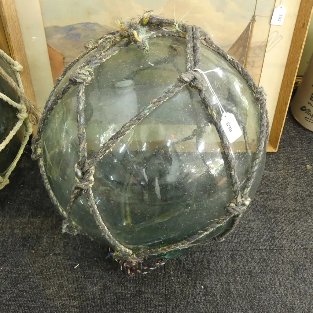 OLD GLASS FISHING FLOAT w. NETTING APPROX DIA.320mm hand blown Image 1++