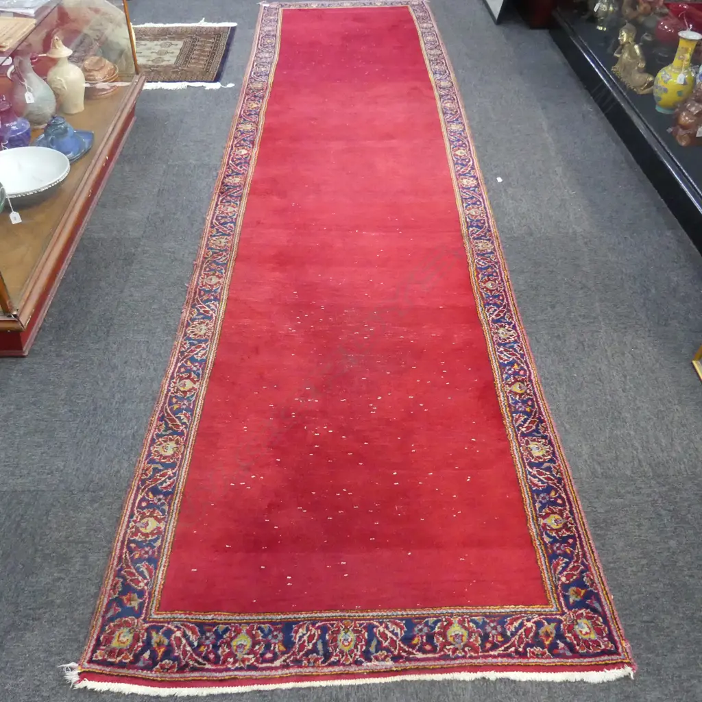 HAND KNOTTED WOOL PILE RUNNER 3800x975mm RED GROUND Image 1++