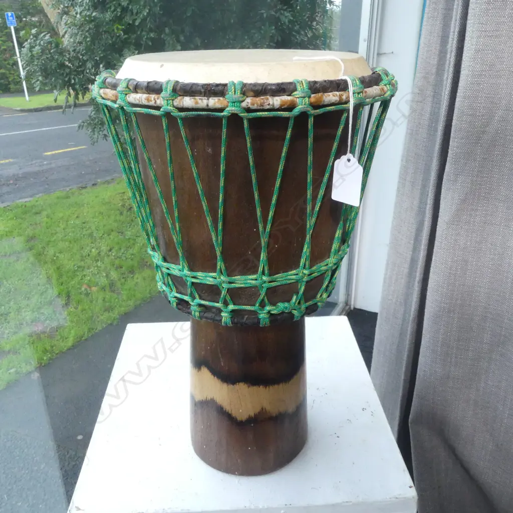 CARVED WOOD & SKIN ETHNIC DRUM H410MM Image 1++