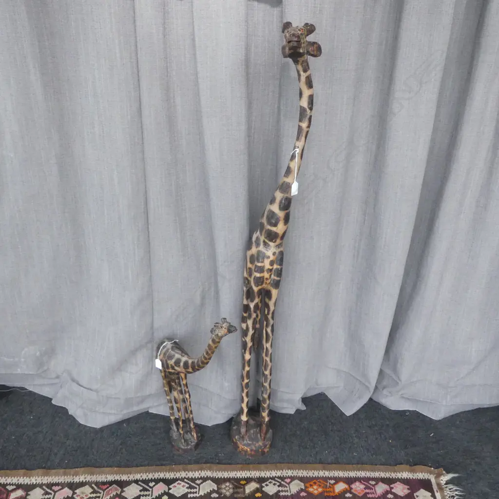 2 AFRICAN CARVED WOOD GIRAFFE MOTHER H1140MM BABY 710MM Image 1++