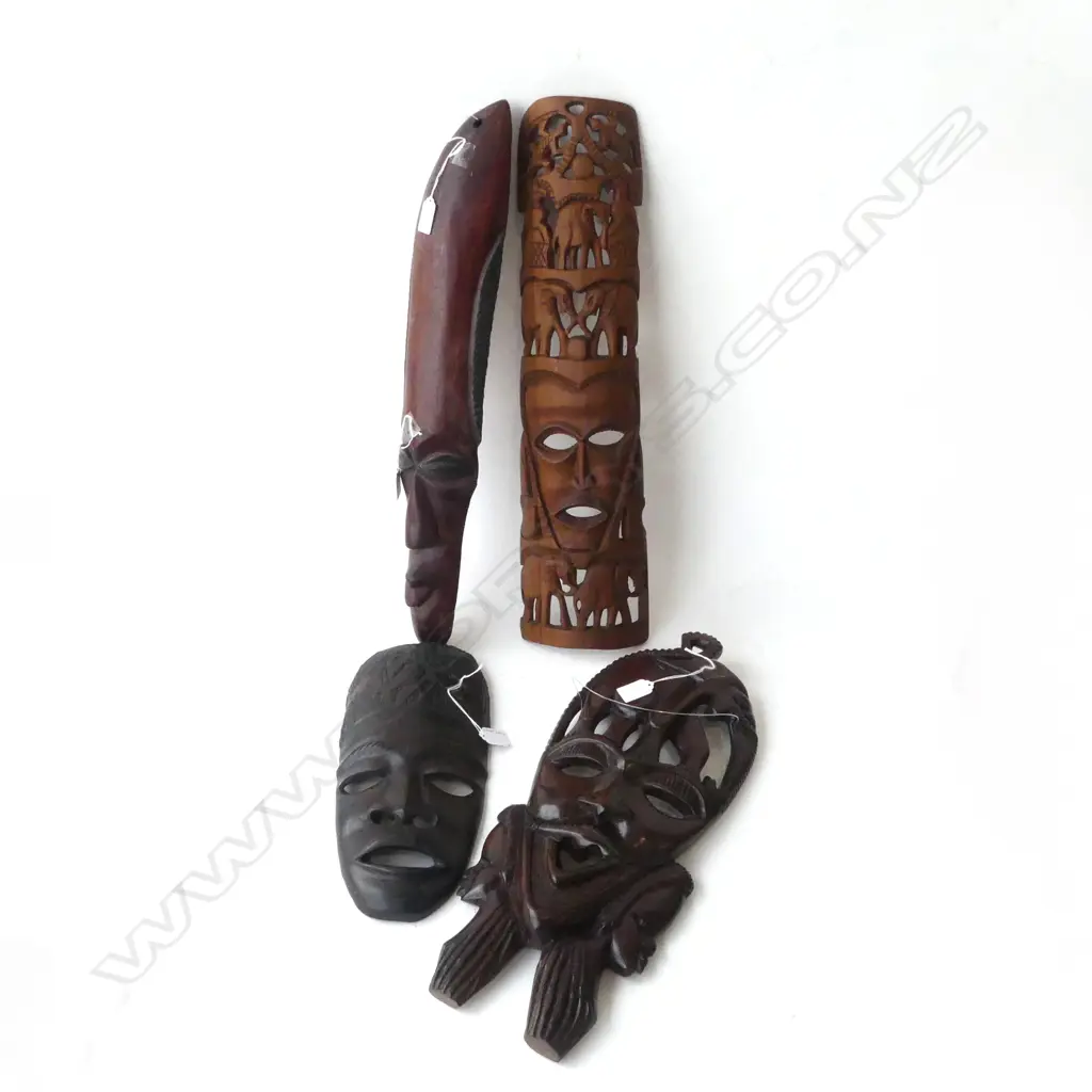 4 AFRICAN CARVED WOOD WALL FACE MASKS L580MM LONGEST Image 1++