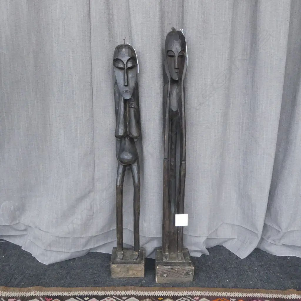 2 TALL CARVED WOOD STANDING GHANAIAN FIGURES H1070MM TALLEST Image 1++