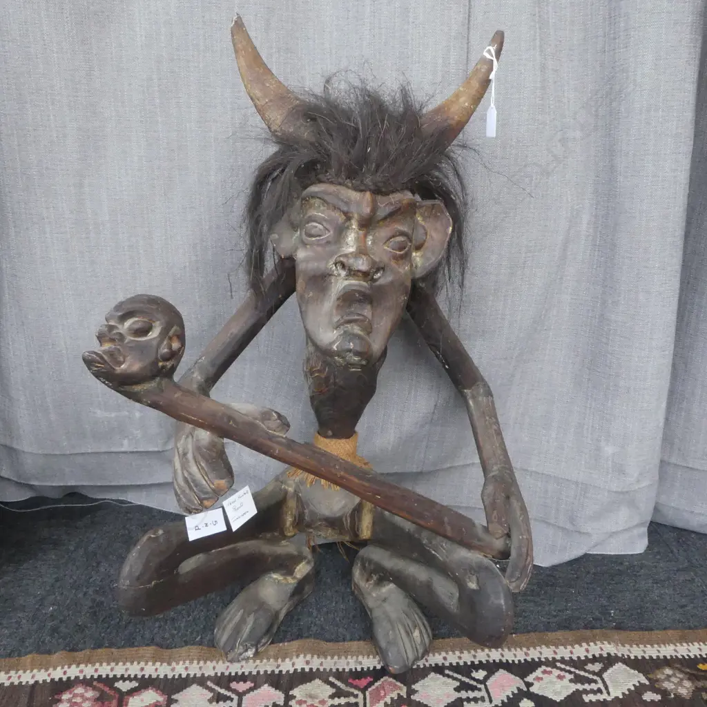 INDONESION CARVED WOOD HORNED FIGURE H780MM Image 1++