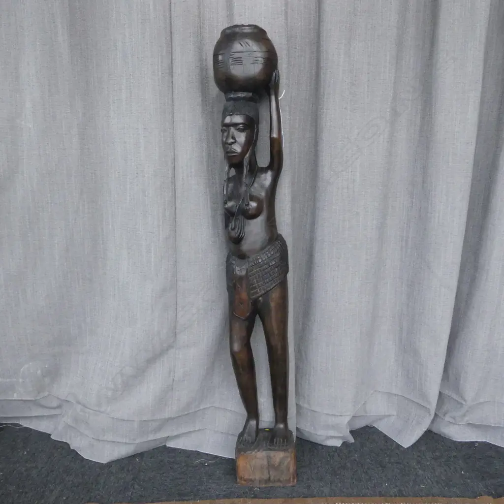 AFRICAN HARDWOOD FIGURAL CARVING WOMAN CARRYING POT H1250MM Image 1++