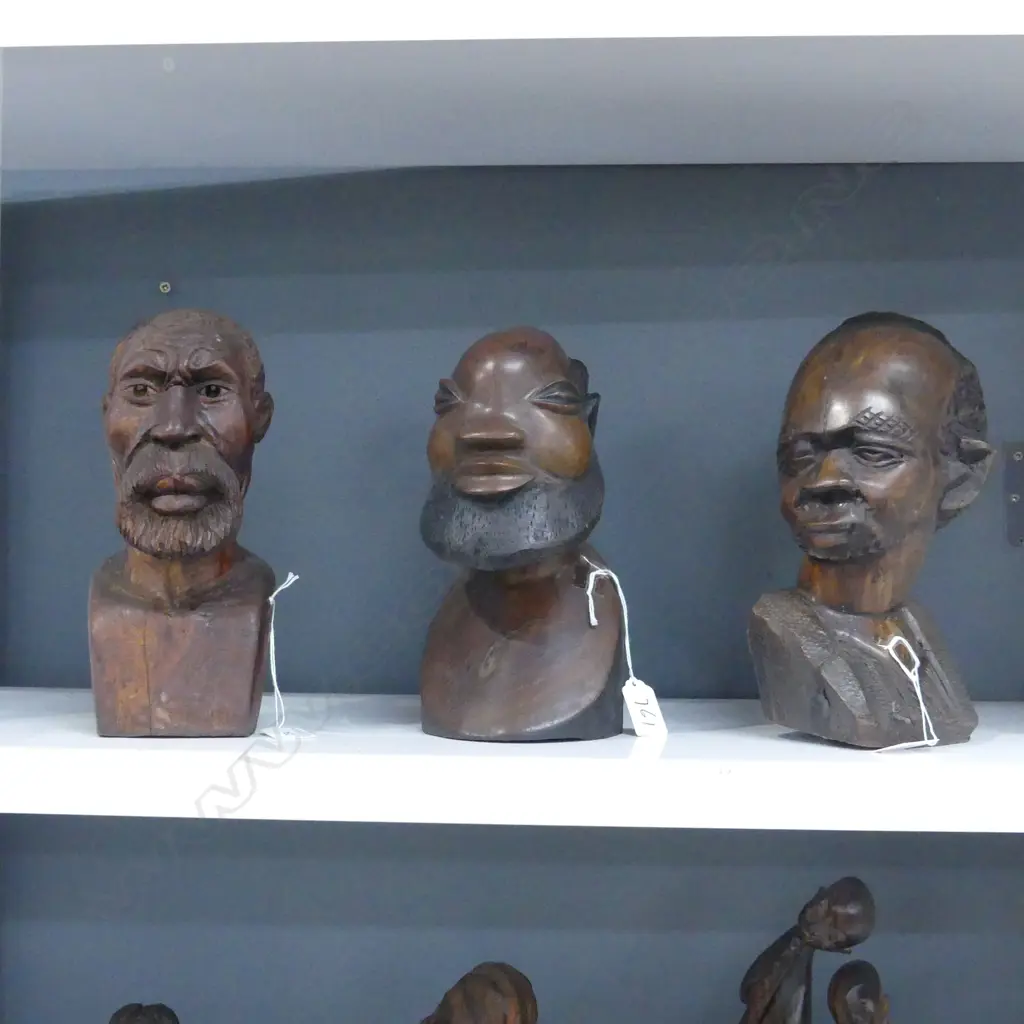 3 AFRICAN CARVED WOOD MALE BUSTS H250MM Image 1++