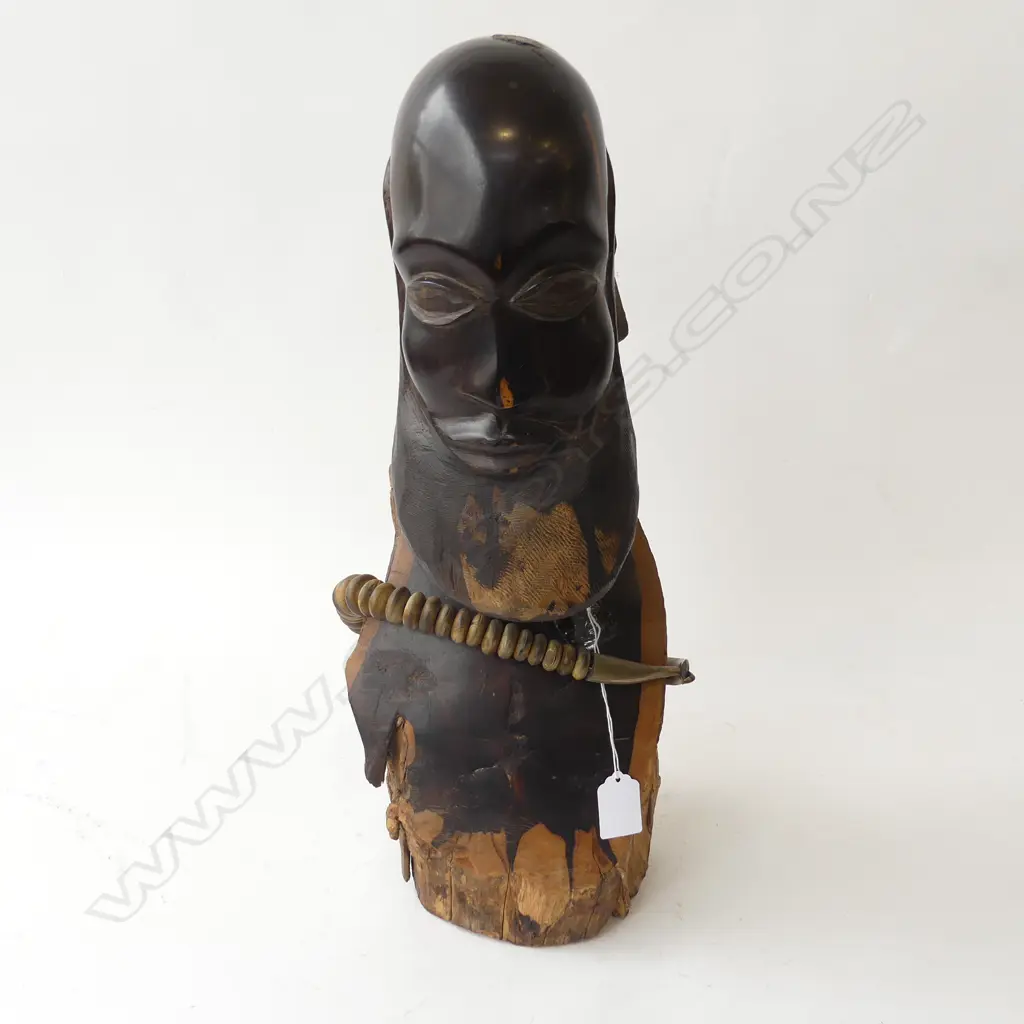 LARGE AFRICAN HARDWOOD CARVED BUST WITH HORN BEAD NECKLACE H450MM Image 1++