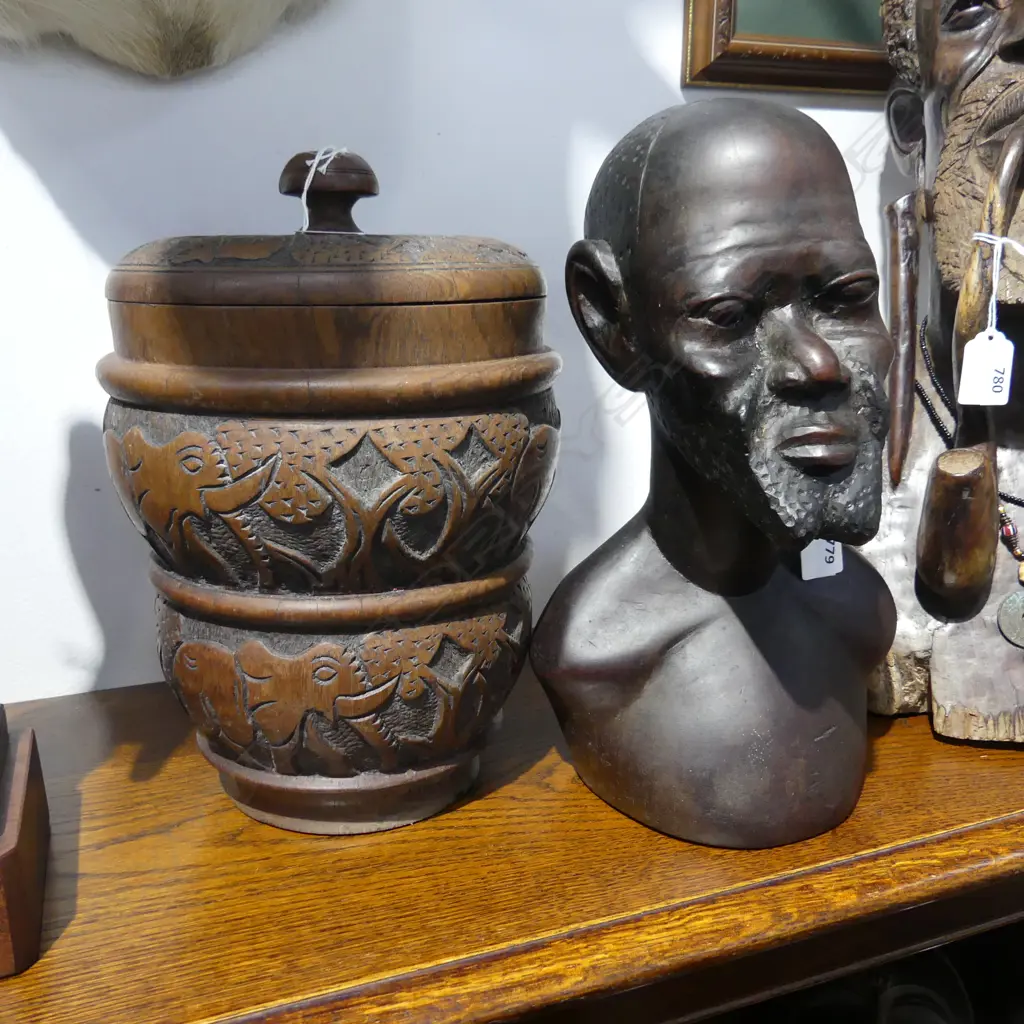 AFRICAN CARVED WOOD MALE BUST H310MM & CARVED WOOD LIDDED STORAGE POT H300MM Image 1++