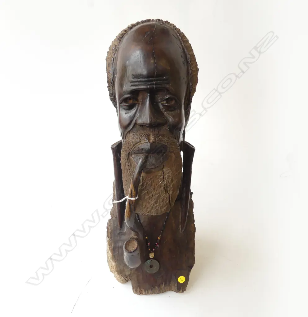 LARGE AFRICAN HARDWOOD CARVED BUST MAN WITH PIPE H470MM Image 1++