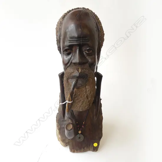 LARGE AFRICAN HARDWOOD CARVED BUST MAN WITH PIPE H470MM
