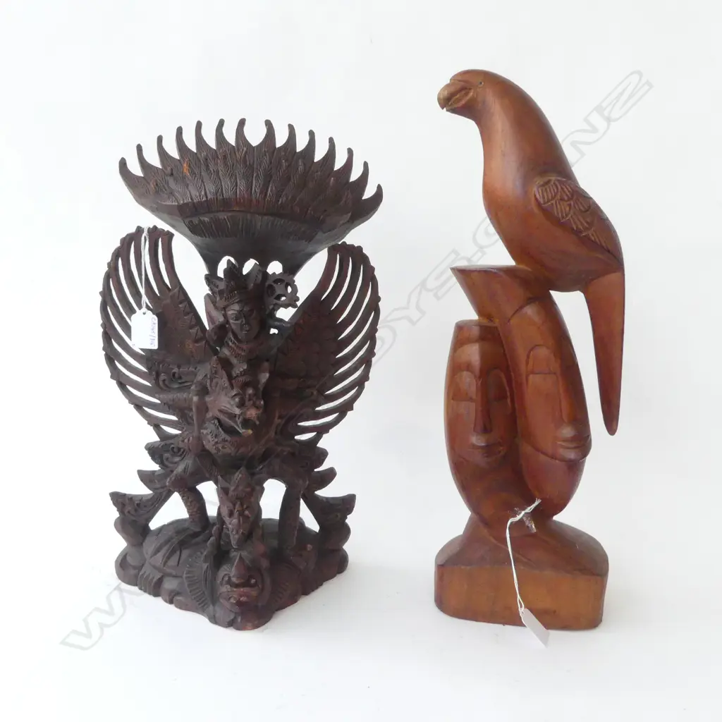 2 INDONESION WOOD CARVINGS GARUDA BIRD H450MM & PARROT H510MM Image 1++