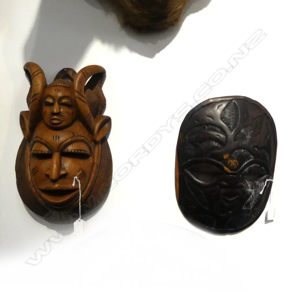 2 CARVED WOOD AFRICAN FACE MASKS L350&330MM Image 1++