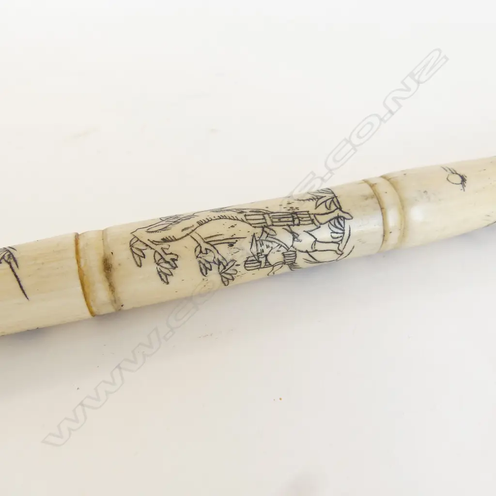 CHINESE SCRIMSHAW SECTIONAL BONE WALKING STICK w. carved elephant head & knob handle L.925mm Image 1++