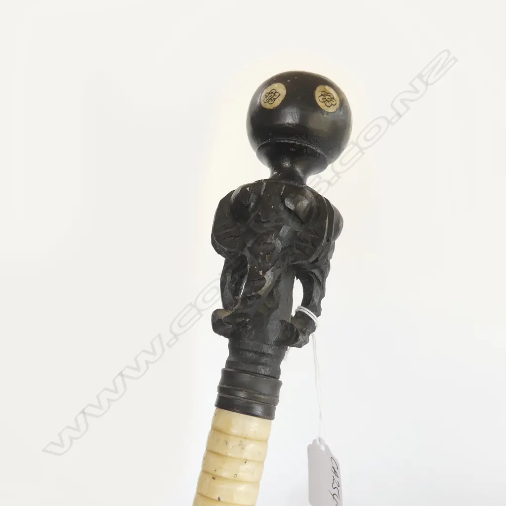 CHINESE SCRIMSHAW SECTIONAL BONE WALKING STICK w. carved elephant head & knob handle L.925mm Image 1++
