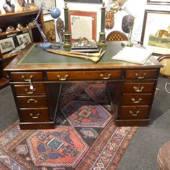 DOUBLE PEDESTAL DESK, GREEN LEATHER INSET TOP 1520x900x770mm