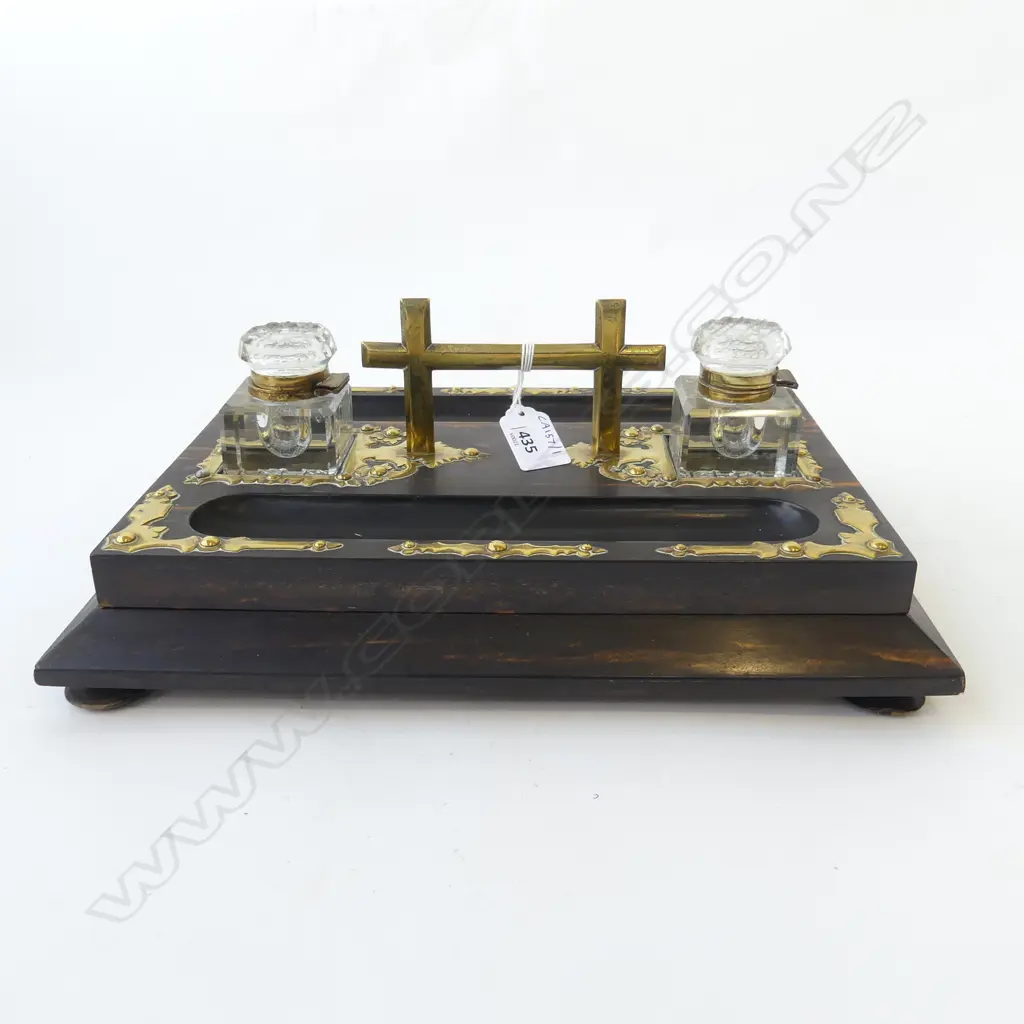 VICT COROMANDEL WOOD DOUBLE BOTTLE & BRASS INK STAND W.335mm Image 1++