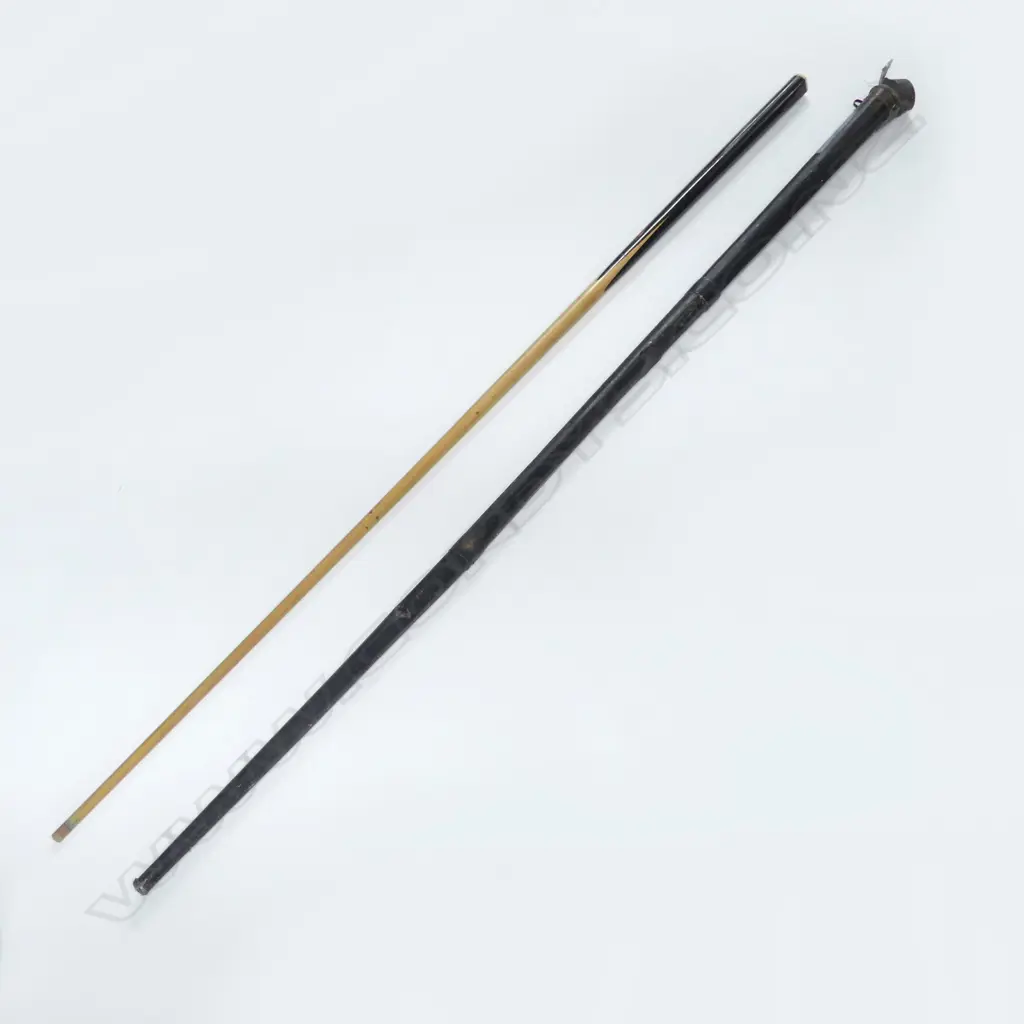 QUALITY VINTAGE BILLIARDS CUE ebony & pale timber w ivory end cap IN OLD METAL TUBE CASE Image 1++