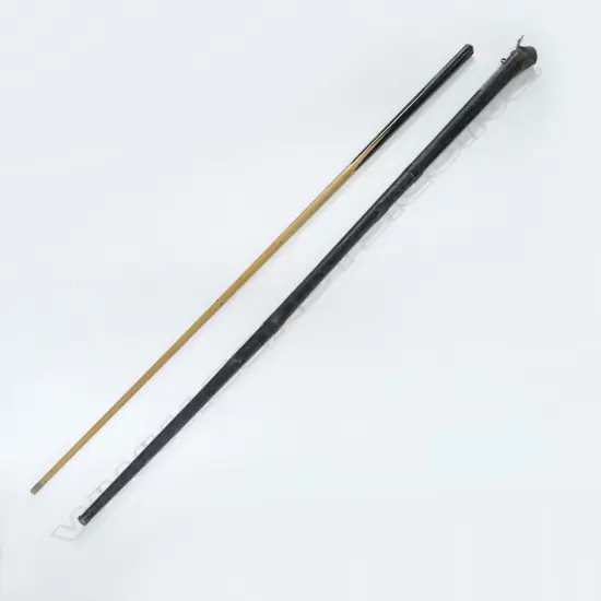 QUALITY VINTAGE BILLIARDS CUE ebony & pale timber w ivory end cap IN OLD METAL TUBE CASE