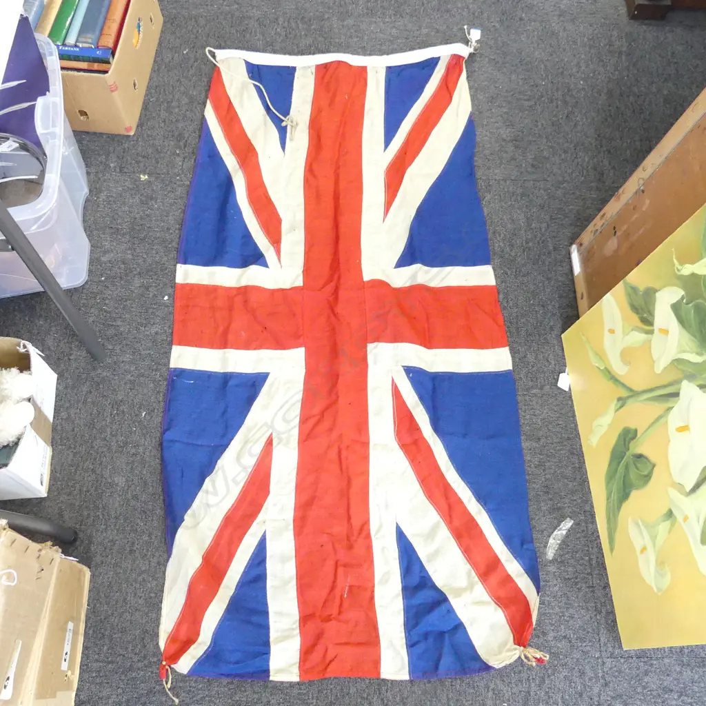 VINTAGE LINEN UNION JACK FLAG; E. LE ROY MAKER AUCKLAND 680x1400mm Image 1++