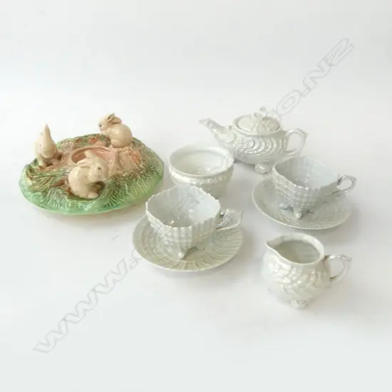 7 PCE CZECH LUSTRE TEA SET + SYLVAC BUNNY DISH, 205mm dia, FAULTS