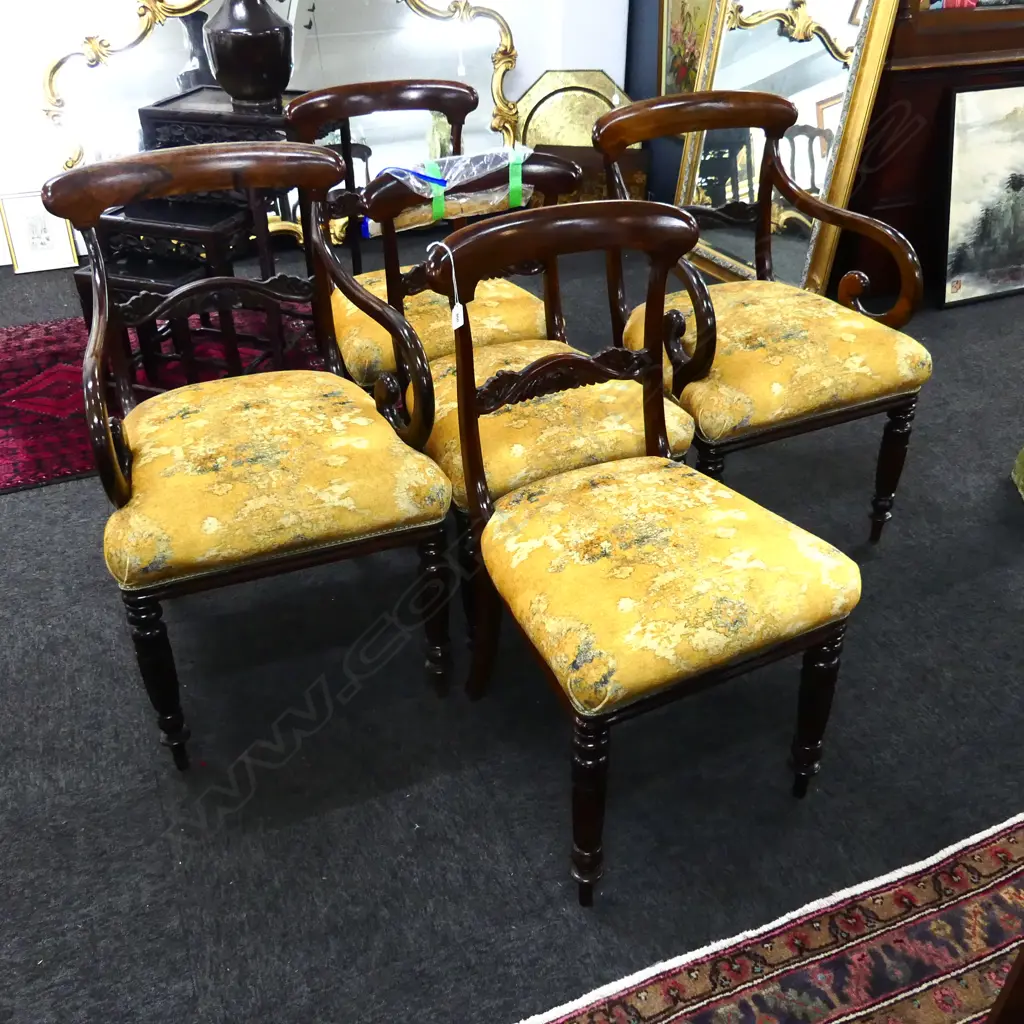 5 QUALITY ROSEWOOD REGENCY DINING CHAIRS, YELLOW VELVET UPHOLSTERY (2 ARE CARVERS) Image 1++