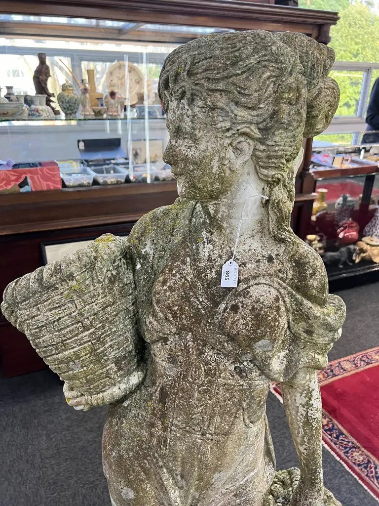 CONCRETE GARDEN STATUE, CLASSICAL FIGURE w. BASKETS H.1340mm Image 1++