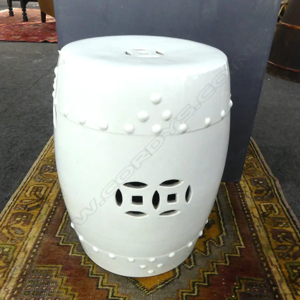 WHITE GLAZED GARDEN DRUM STOOL H.420mm Image 1++