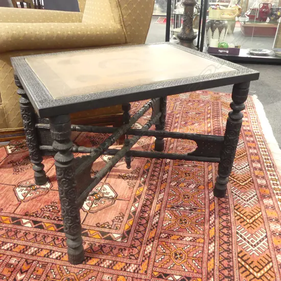 ORIENTAL FOLDING TABLE w. DROP IN BRASS PANEL TOP 650x525x515mm
