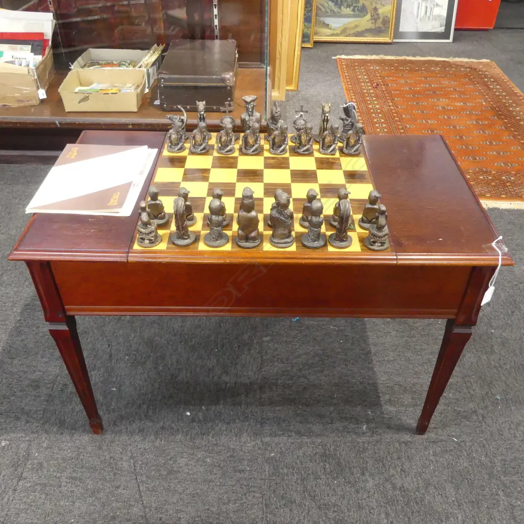 BRONZE CHESS SET 'THE DISCOVERY OF NZ' BY FRANK SZIRMAY FOR RIKI CREATIVE ART LTD + CHESS TABLE 790x440x535mm Image 1++