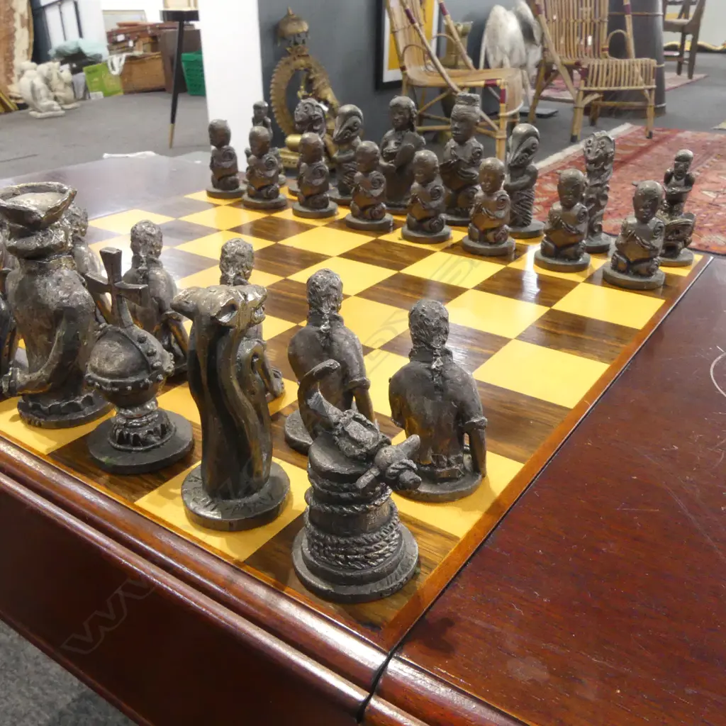 BRONZE CHESS SET 'THE DISCOVERY OF NZ' BY FRANK SZIRMAY FOR RIKI CREATIVE ART LTD + CHESS TABLE 790x440x535mm Image 1++