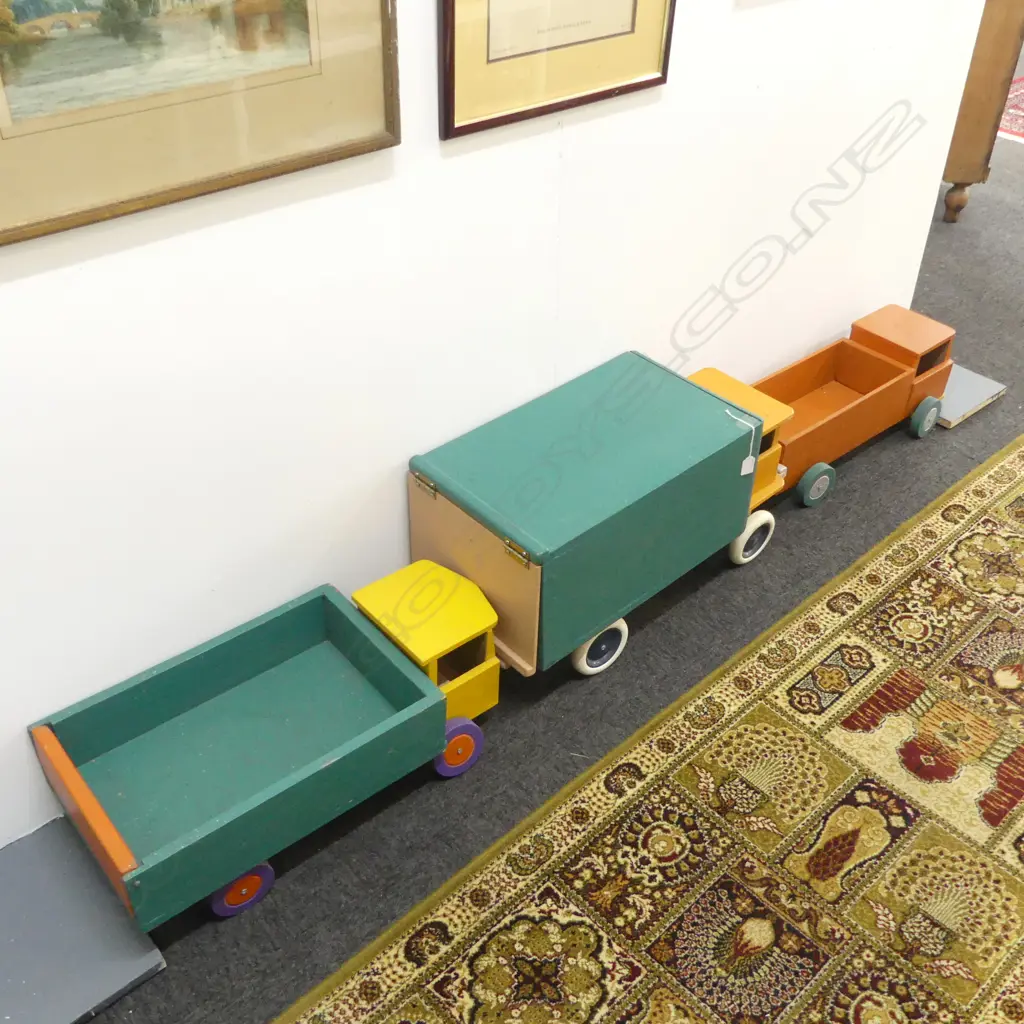 3 LG PAINTED WOODEN TOY TRUCKS L.680mm Image 1++