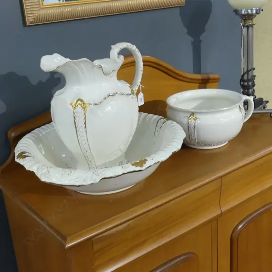 3 PCE ANTIQUE WASH SET; BOWL 480mm dia, JUG & POTTY