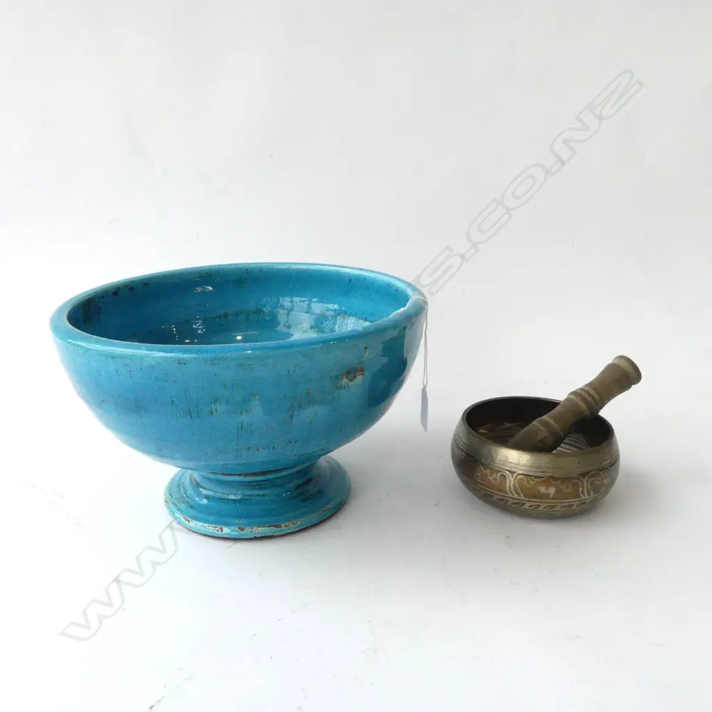 BLUE GLAZED FOOTED BOWL 285mm dia + SINGING BOWL Image 1++